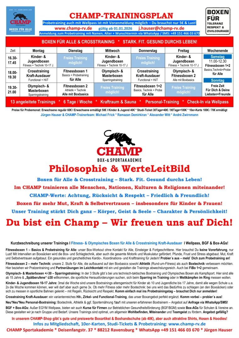 CHAMP-Trainingsplan 2026 – Wochenplan aller Kurse, öffnet das PDF in einem neuen Fenster